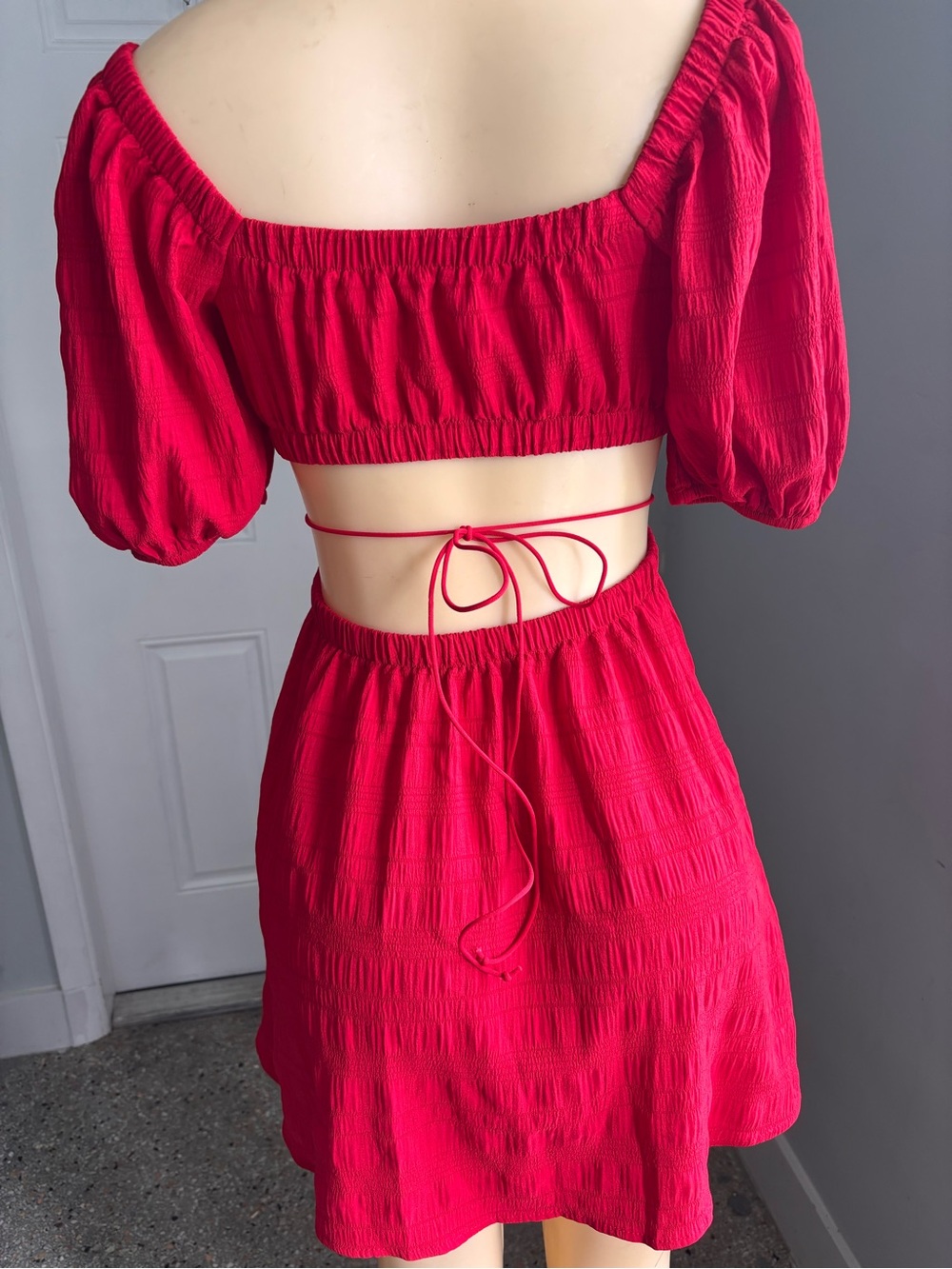 SHEIN Red Puff-Sleeve Tie-Back Mini Dress